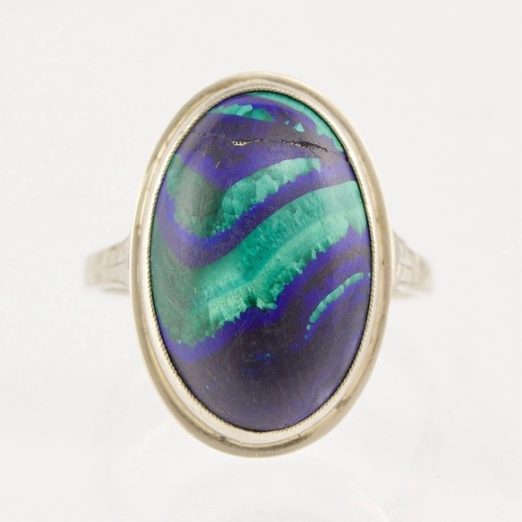 Vintage 14K White Gold Azurite Malachite Ring Size 8 Blue Green Oval Cabochon - Picture 4 of 9